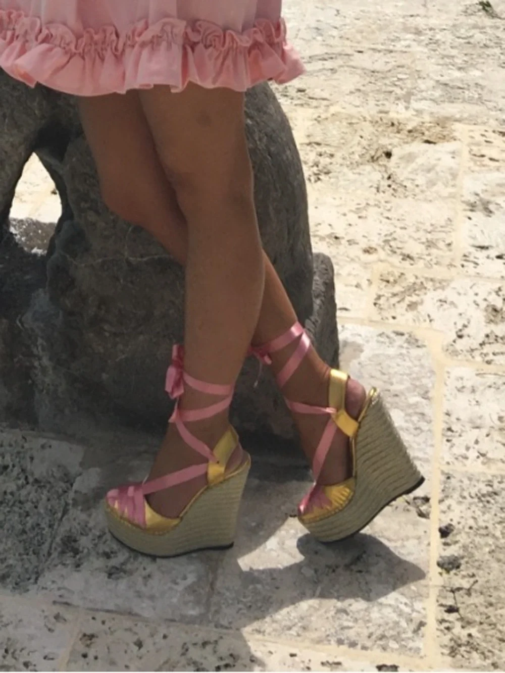 Gucci Gold Espadrille Wedge Sandals Pink Ribbon Tie Platform 37